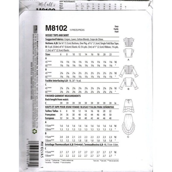 McCall's M8102 Misses 14 to 22 Crop Top and Hi-low Skirt Uncut Sewing Pattern - Picture 2 of 2